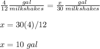 \frac{4}{12}\frac{gal}{milkshakes}=\frac{x}{30}\frac{gal}{milkshakes}\\\\x=30(4)/12\\\\x=10\ gal