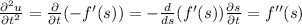 \frac{\partial^{2} u }{\partial t^{2} } =\frac{\partial}{\partial t} (-f'(s))=-\frac{d}{ds} (f'(s))\frac{\partial s}{\partial t} =f''(s)
