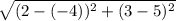 \sqrt{(2-(-4))^{2}+(3-5)^{2}}