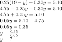 0.25 (19-y) + 0.30y = 5.10\\4.75-0.25y + 0.30y = 5.10\\4.75 + 0.05y = 5.10\\0.05y = 5.10-4.75\\0.05y = 0.35\\y = \frac {0.35} {0.05}\\y = 7