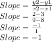 Slope=\frac{y2-y1}{x2-x1}\\ Slope=\frac{2-3}{9-8}\\ Slope=\frac{-1}{1}\\ Slope=-1
