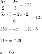 \dfrac{5x}{2}-\dfrac{2x}{3}=121\\ \\\dfrac{5x\cdot 3-2x\cdot 2}{6}=121\\ \\15x-4x=121\cdot 6\\ \\11x=726\\ \\x=66