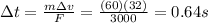 \Delta t = \frac{m \Delta v}{F}=\frac{(60)(32)}{3000}=0.64 s