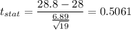 t_{stat} = \displaystyle\frac{28.8 - 28}{\frac{6.89}{\sqrt{19}} } = 0.5061