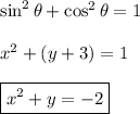 \sin^2\theta+\cos^2\theta=1\\\\ x^2+(y+3)=1\\\\ \boxed{x^2+y=-2}