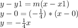 y-y1=m(x-x1)\\ y-0=(-\frac{1}{4} )*(x-0)\\ y=-\frac{1}{4} x