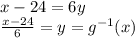 x-24=6y\\\frac{x-24}{6}=y=g^{-1}(x)