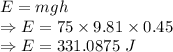 E=mgh\\\Rightarrow E=75\times 9.81\times 0.45\\\Rightarrow E=331.0875\ J