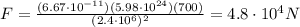 F=\frac{(6.67\cdot 10^{-11})(5.98\cdot 10^{24})(700)}{(2.4\cdot 10^6)^2}=4.8 \cdot 10^4 N