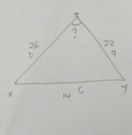 In triangle xyz, xy = 14, yz = 22, and xz = 26. what is the measure of angle z to the nearest degree