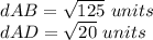 dAB=\sqrt{125}\ units\\dAD=\sqrt{20}\ units