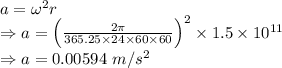a=\omega^2r\\\Rightarrow a=\left(\frac{2\pi}{365.25\times 24\times 60\times 60}\right)^2\times 1.5\times 10^{11}\\\Rightarrow a=0.00594\ m/s^2