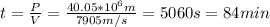 t=\frac{P}{V} =\frac{40.05*10^{6}m}{7905 m/s}=5060s=84min