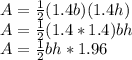A=\frac{1}{2}(1.4b)(1.4h)\\A=\frac{1}{2}(1.4*1.4)bh\\A=\frac{1}{2}bh*1.96
