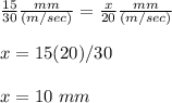 \frac{15}{30}\frac{mm}{(m/sec)}=\frac{x}{20}\frac{mm}{(m/sec)}\\\\x=15(20)/30\\\\x=10\ mm
