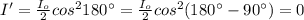 I' = \frac{I_{o}}{2}cos^{2}180^{\circ} = \frac{I_{o}}{2}cos^{2}(180^{\circ} - 90^{\circ}) = 0
