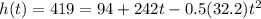 h (t) = 419 = 94 + 242t - 0.5 (32.2) t ^ 2