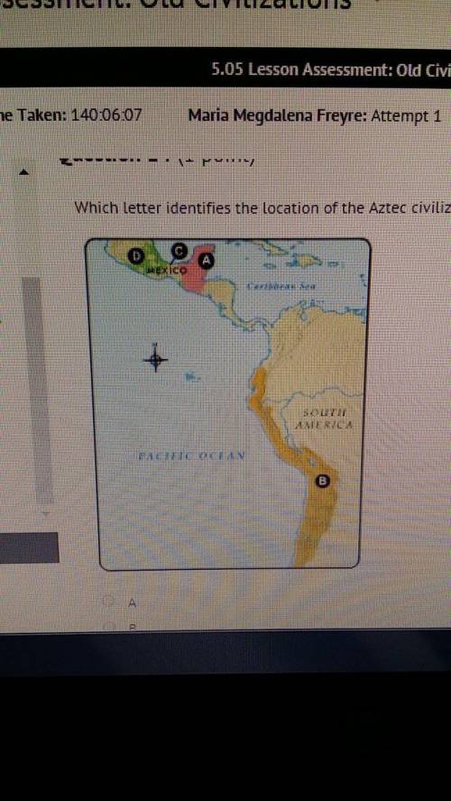 Which letter identifies the location of the aztec civilization on the map?  a b c d map showing mexi