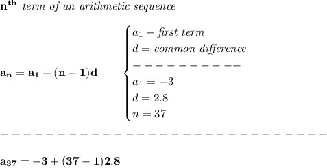 \bf n^{th}\textit{ term of an arithmetic sequence}\\\\&#10;a_n=a_1+(n-1)d\qquad &#10;\begin{cases}&#10;a_1-\textit{first term}\\&#10;d=\textit{common difference}\\&#10;----------\\&#10;a_1=-3\\&#10;d=2.8\\&#10;n=37&#10;\end{cases}\\\\&#10;-----------------------------\\\\&#10;a_{37}=-3+(37-1)2.8