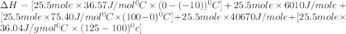 \Delta H=[25.5mole\times 36.57J/mol^0C\times (0-(-10))^0C]+25.5mole\times 6010J/mole+[25.5mole\times 75.40J/mol^0C\times (100-0)^0C]+25.5mole\times 40670J/mole+[25.5mole\times 36.04J/gmol^0C\times (125-100)^0c]