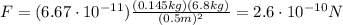 F=(6.67\cdot 10^{-11})\frac{(0.145 kg)(6.8 kg)}{(0.5 m)^2}=2.6\cdot 10^{-10} N