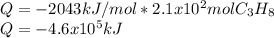 Q=-2043kJ/mol*2.1x10^2molC_3H_8\\Q=-4.6x10^5kJ