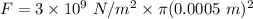 F=3\times 10^9\ N/m^2\times \pi (0.0005\ m)^2