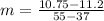 m=\frac{10.75-11.2}{55-37}