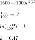 1600 = 1000e ^{k(1)}\\\\\frac{1600}{1000} = e ^ k\\\\ln(\frac{1600}{1000}) = k\\\\k = 0.47