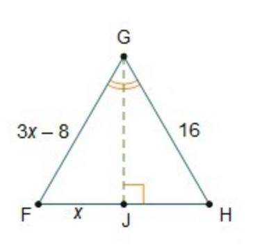 In triangle fgh, gj is an angle bisector of ∠g and perpendicular to fh what is the length of fh?  un