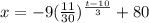 x = -9(\frac{11}{30})^{\frac{t-10}{3}} + 80
