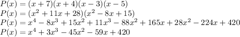 P(x)=(x+7)(x+4)(x-3)(x-5)\\P(x)=(x^{2}+11x+28)(x^{2}-8x+15)\\P(x)=x^{4}-8x^{3}+15x^{2}+11x^{3}-88x^{2}+165x+28x^{2}-224x+420\\P(x)=x^{4}+3x^{3}-45x^{2}-59x+420
