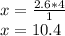 x = \frac {2.6 * 4} {1}\\x = 10.4