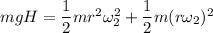 mgH=\dfrac{1}{2}mr^2\omega_{2}^2+\dfrac{1}{2}m(r\omega_{2})^2