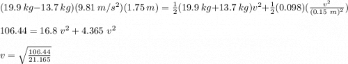 (19.9\ kg-13.7\ kg)(9.81\ m/s^2)(1.75\ m)=\frac{1}{2}(19.9\ kg+13.7\ kg)v^2+\frac{1}{2}(0.098)(\frac{v^2}{(0.15\ m)^2})\\\\106.44=16.8\ v^2+4.365\ v^2\\\\v=\sqrt{\frac{106.44}{21.165}}