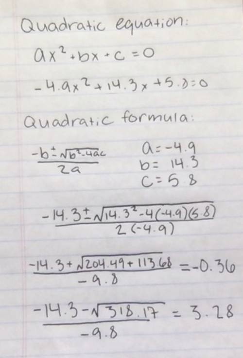 Use quadratic formula to solve this:  -4.9x squared + 14.3x + 5.8 = 0