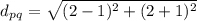 d_p_q=\sqrt{(2-1)^{2}+(2+1)^{2}}