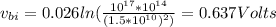 v_{bi}=0.026 ln(\frac {10^{17} * 10^{14}}{(1.5*10^{10})^{2})}=0.637 Volts