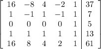 \left[\begin{array}{ccccc|c}16&-8&4&-2&1&37\\1&-1&1&-1&1&7\\0&0&0&0&1&5\\1&1&1&1&1&13\\16&8&4&2&1&61\end{array}\right]