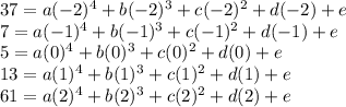 37=a(-2)^4+b(-2)^3+c(-2)^2+d(-2)+e\\7=a(-1)^4+b(-1)^3+c(-1)^2+d(-1)+e\\5=a(0)^4+b(0)^3+c(0)^2+d(0)+e\\13=a(1)^4+b(1)^3+c(1)^2+d(1)+e\\61=a(2)^4+b(2)^3+c(2)^2+d(2)+e