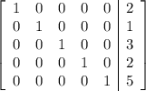 \left[\begin{array}{ccccc|c}1&0&0&0&0&2\\0&1&0&0&0&1\\0&0&1&0&0&3\\0&0&0&1&0&2\\0&0&0&0&1&5\end{array}\right]