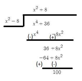 What is the remainder when (x^4+36) is divided by (x^2-8)
