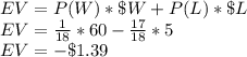 EV = P(W)*\$ W + P(L)*\$ L\\EV = \frac{1}{18}*60 - \frac{17}{18}*5\\EV =- \$1.39