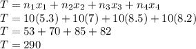 T=n_{1} x_{1}+n_{2}x_{2}+n_{3}x_{3}+n_{4}x_{4}\\T=10(5.3)+10(7)+10(8.5)+10(8.2)\\T=53+70+85+82\\T=290