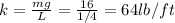 k=\frac{mg}{L} = \frac{16}{1/4} = 64lb/ft