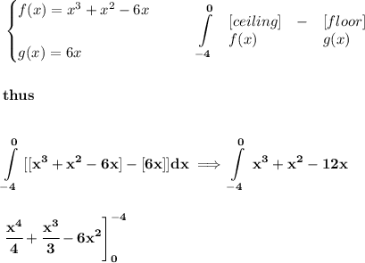 \bf \begin{cases}&#10;f(x)=x^3+x^2-6x\\\\&#10;g(x)=6x&#10;\end{cases}\qquad \displaystyle \int\limits_{-4}^{0}\ &#10;\begin{array}{llll}&#10;[ceiling]&-&[floor]\\&#10;f(x)&&g(x)&#10;\end{array}&#10;\\\\\\&#10;thus&#10;\\\\\\&#10;\displaystyle \int\limits_{-4}^{0}\ [[x^3+x^2-6x]-[6x]]dx\implies &#10;\displaystyle \int\limits_{-4}^{0}\ x^3+x^2-12x&#10;\\\\\\&#10;\left. \cfrac{x^4}{4}+\cfrac{x^3}{3}-6x^2  \right]_{0}^{-4}
