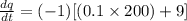 \frac{dq}{dt}=(-1)[(0.1\times 200)+9]