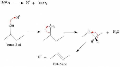 Complete the mechanism for the reaction of 2-butanol in sulfuric acid at 140 °c by adding any missin