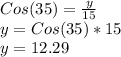 Cos(35)=\frac{y}{15}\\y=Cos(35)*15\\y=12.29
