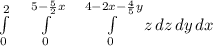 \int\limits^{2}_{0} \ \ \ \int\limits^{5-\frac{5}{2} x}_{0} \ \ \ \int\limits^{4-2x-\frac{4}{5}y }_{0} {z} \, dz\, dy \,dx